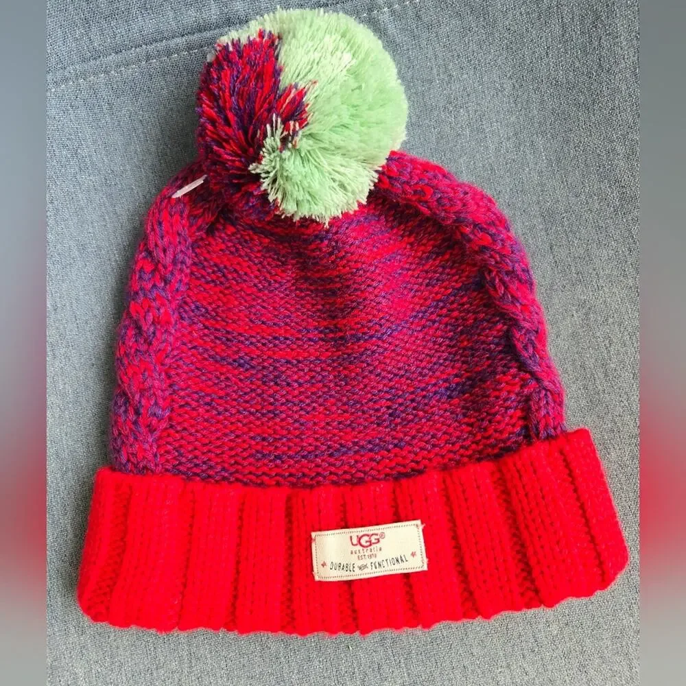 UGG Australia Knit Beanie Hat Kids 4-6Y Pom Red Pink Purple Green